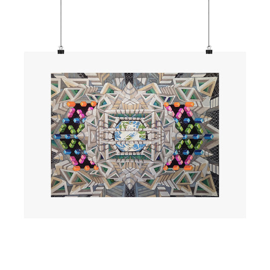 "View of Earth From Inside The Planetary Creation Machine" Geometric Kaleidoscope Matte Poster — Symmetric Urban Abstract Wall Art
