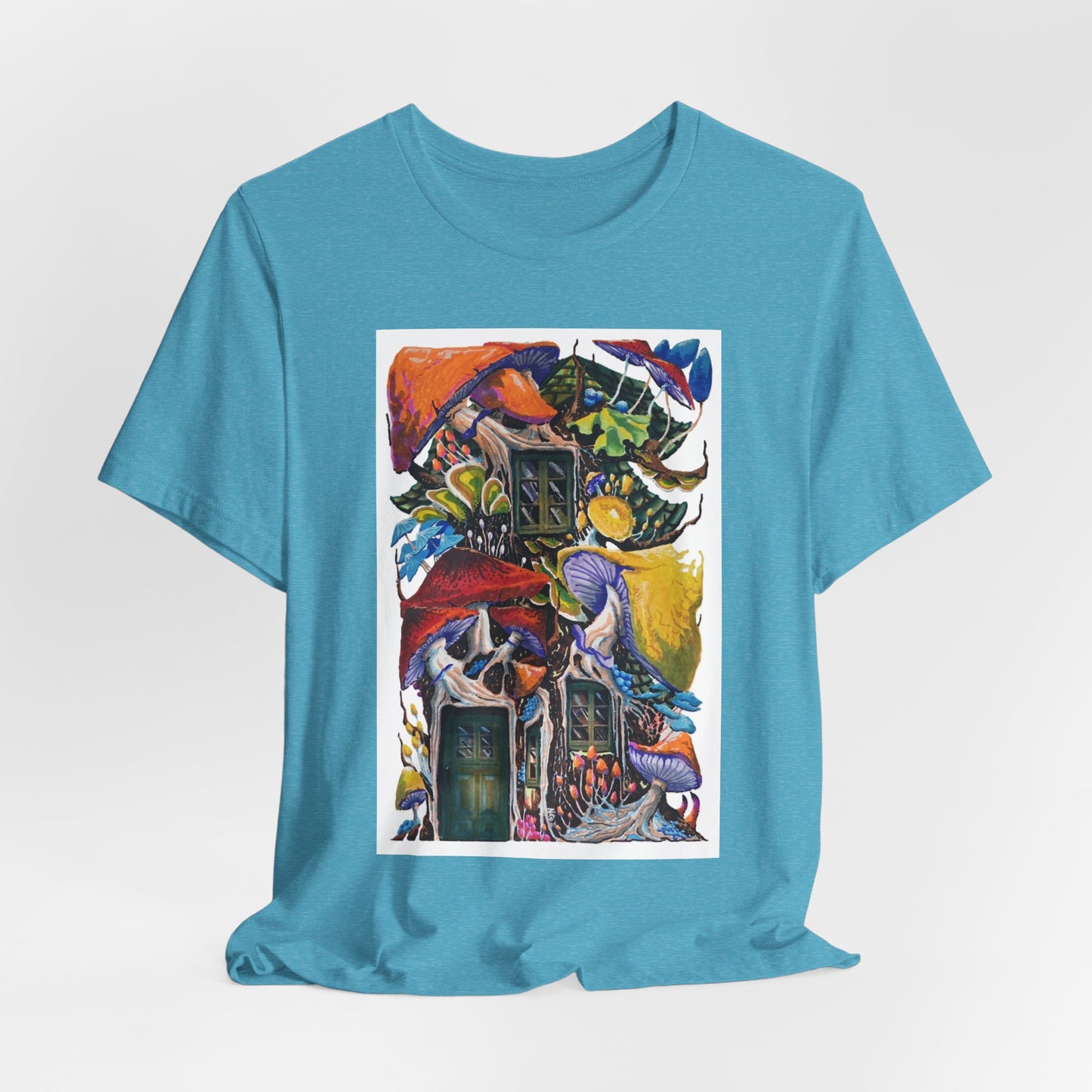 "Mushroom House with the Blue Green Door" tshirt by Noto the Artist. Surreal Cottage Collage T‑Shirt