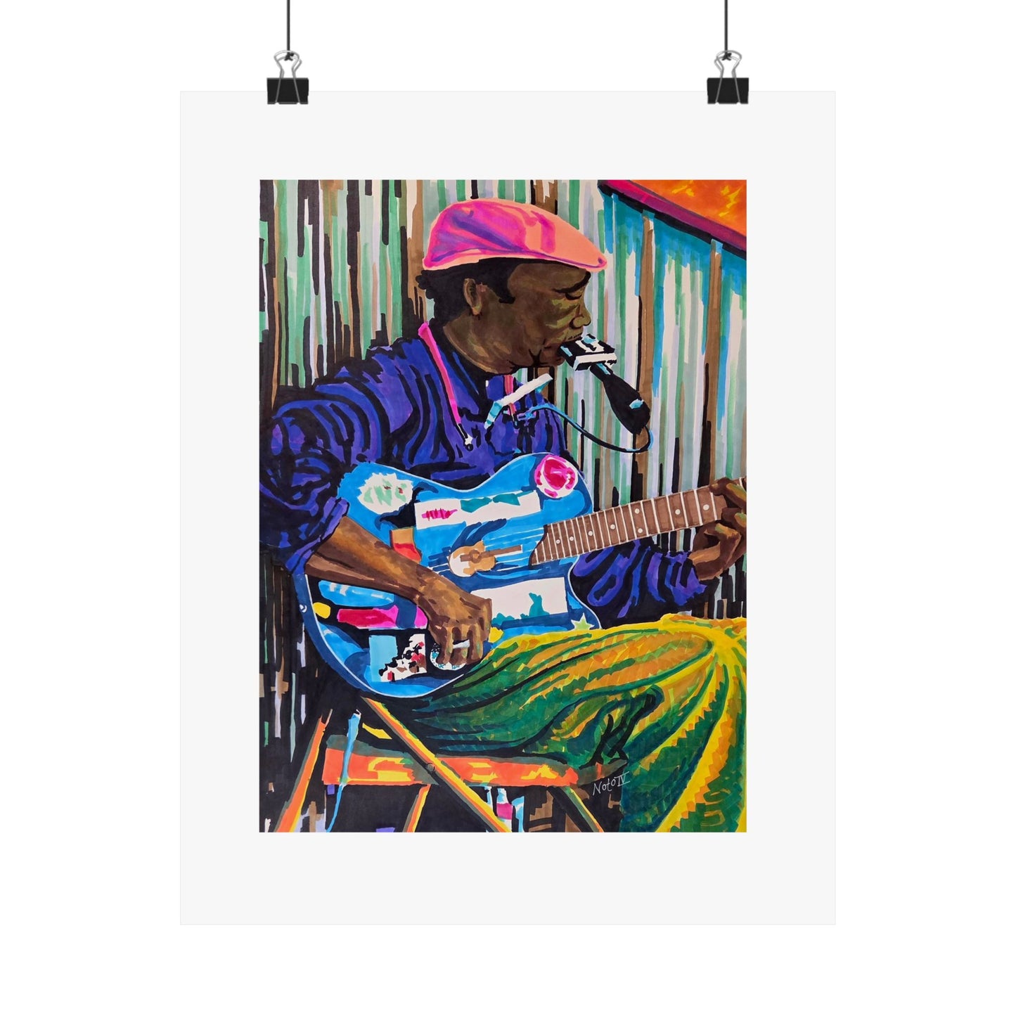 "Terry Harmonica Bean" print by Frank Noto. Blues Guitarist Matte Poster — Colorful Musician Wall Art