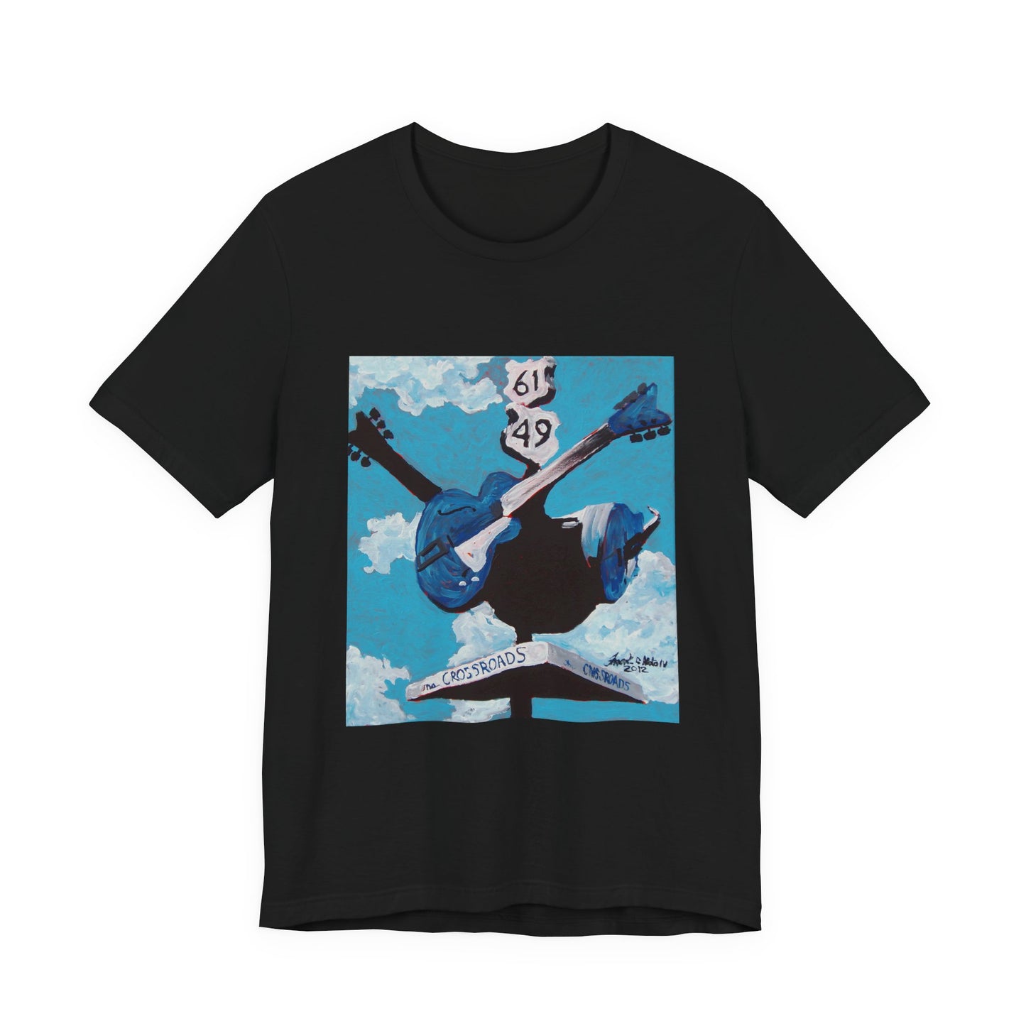 "Crossroads" tshirt featuring a painting by Noto the Artist. Sky Blue Guitar Graphic Tee, Music Lover Gift, Artsy Casual Wear, Concert T-shirt, Festival Outfit