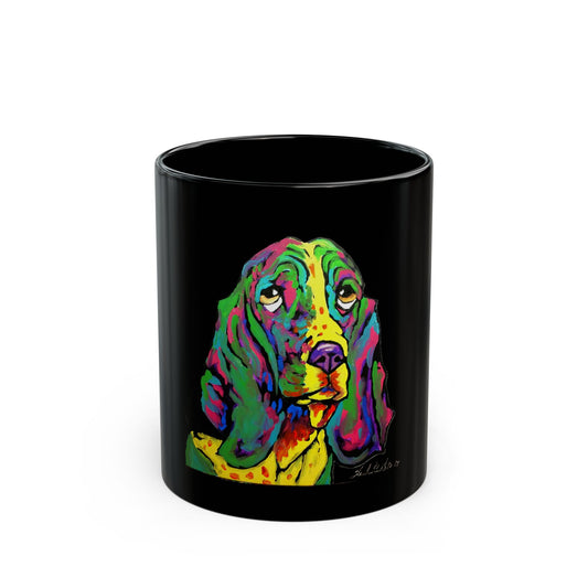 Colorful Dog Art Black Mug  featuring the "Rainbow Basset" painting by Noto the Artist- Unique Gift for Dog Lovers, Pet Owners, Birthdays, Coffee Lovers, Art Enthusiasts
