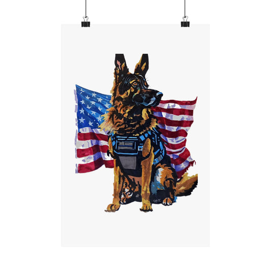 American K9 Poster — Patriotic German Shepherd Matte Vertical Poster "Our pack lives because of those who protect it"