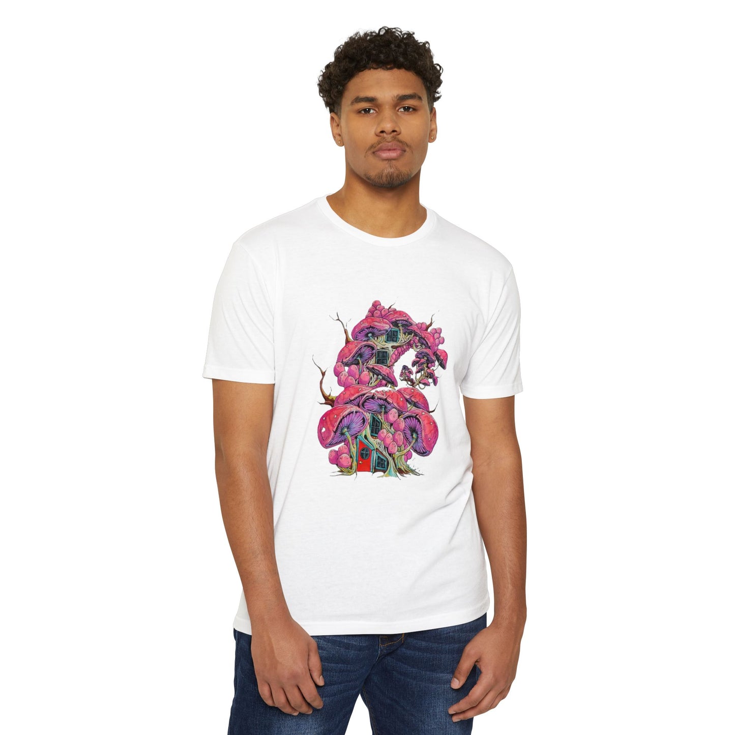 "Pink Mushroom House" artwork by Noto the Artist. Vibrant Artistic T-Shirt, Colorful Tee, Unisex Graphic Shirt, Casual Wear, Gift for Art Lovers, Stylish Everyday Top