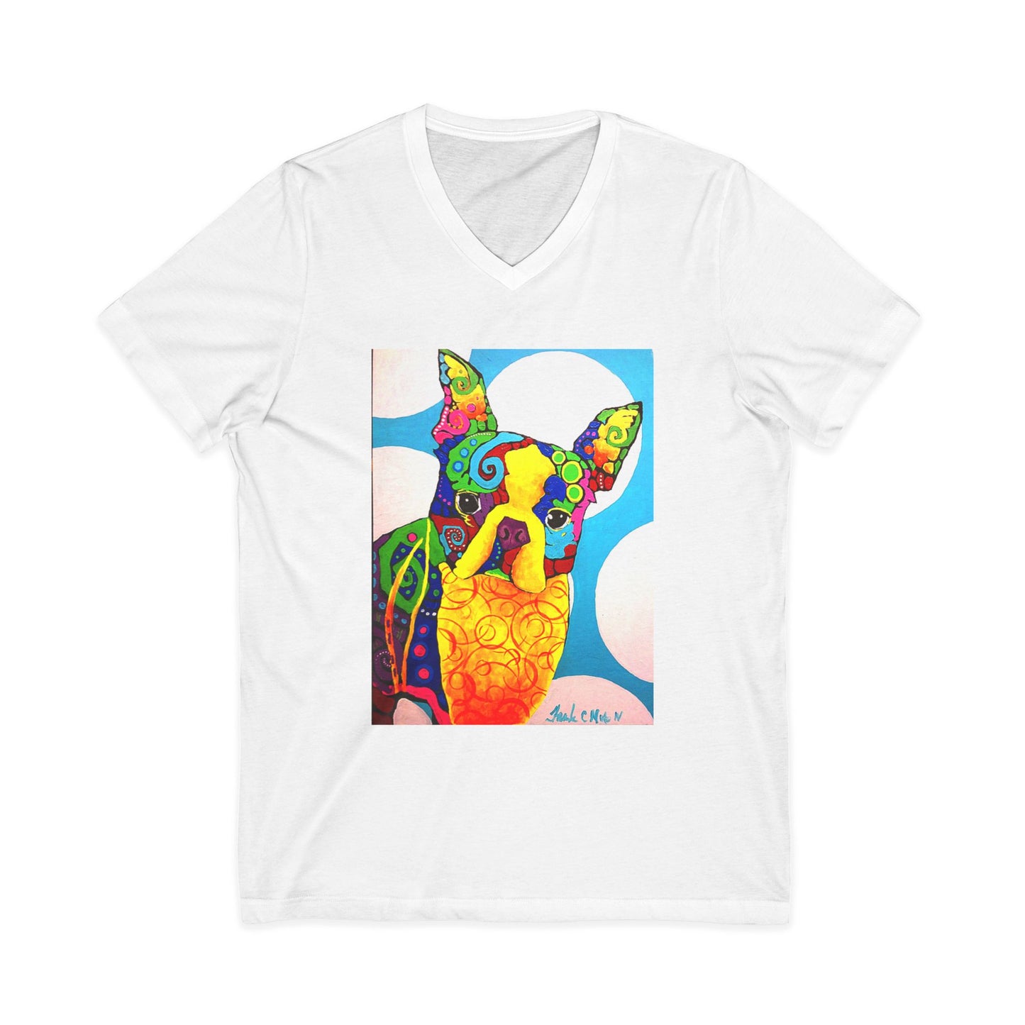 "Boston Terrier" vneck tshirt with a painting by Frank NotoColorful Dog Art V-Neck Tee