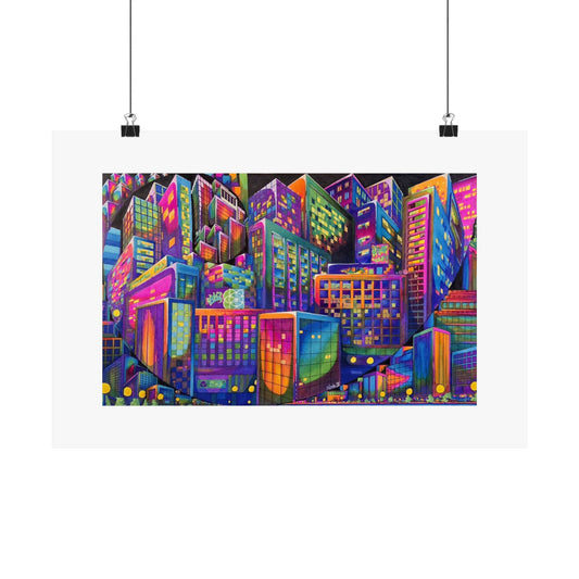 "City Nights, City Lights" Vibrant Neon Cityscape Matte Poster — Horizontal Art Print