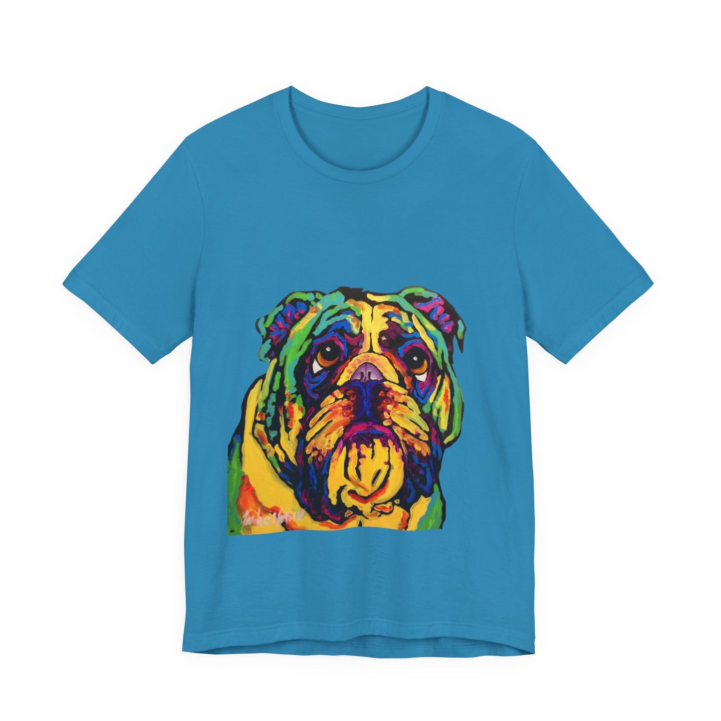 "Bulldog" T-shirt featuring a painting of a bulldog by Noto the Artist. Colorful Bulldog Art Unisex Tee, Pet Lover Gift, Dog Shirt, Casual Wear, Animal Lover Tee, Fun Graphic T-Shirt