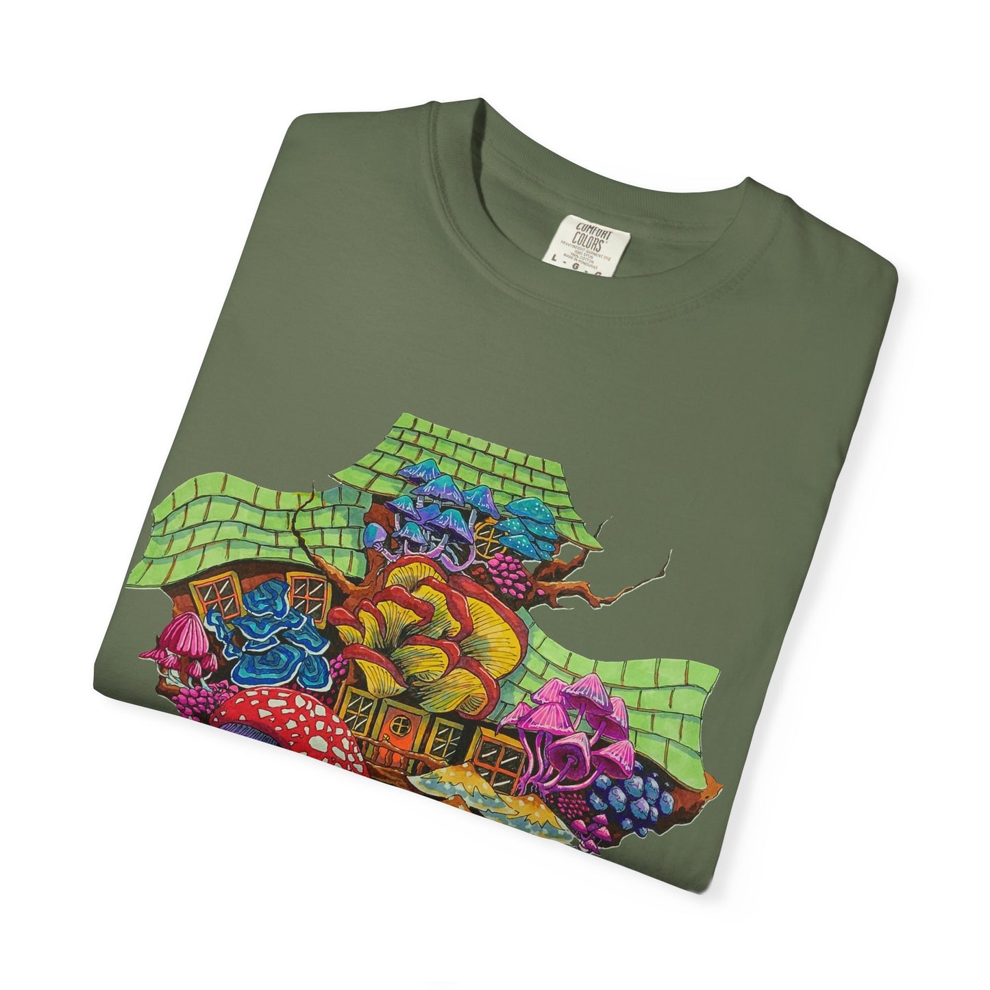 "Rainbow Mushroom House" T-shirt with artwork by Frank Noto