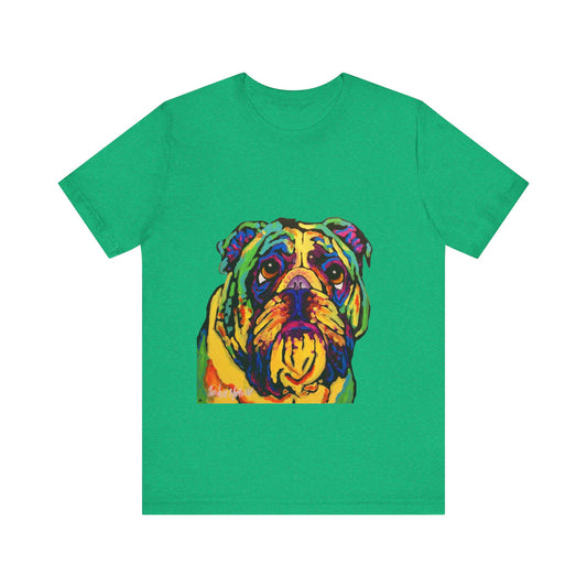 "Bulldog" T-shirt featuring a painting of a bulldog by Noto the Artist. Colorful Bulldog Art Unisex Tee, Pet Lover Gift, Dog Shirt, Casual Wear, Animal Lover Tee, Fun Graphic T-Shirt
