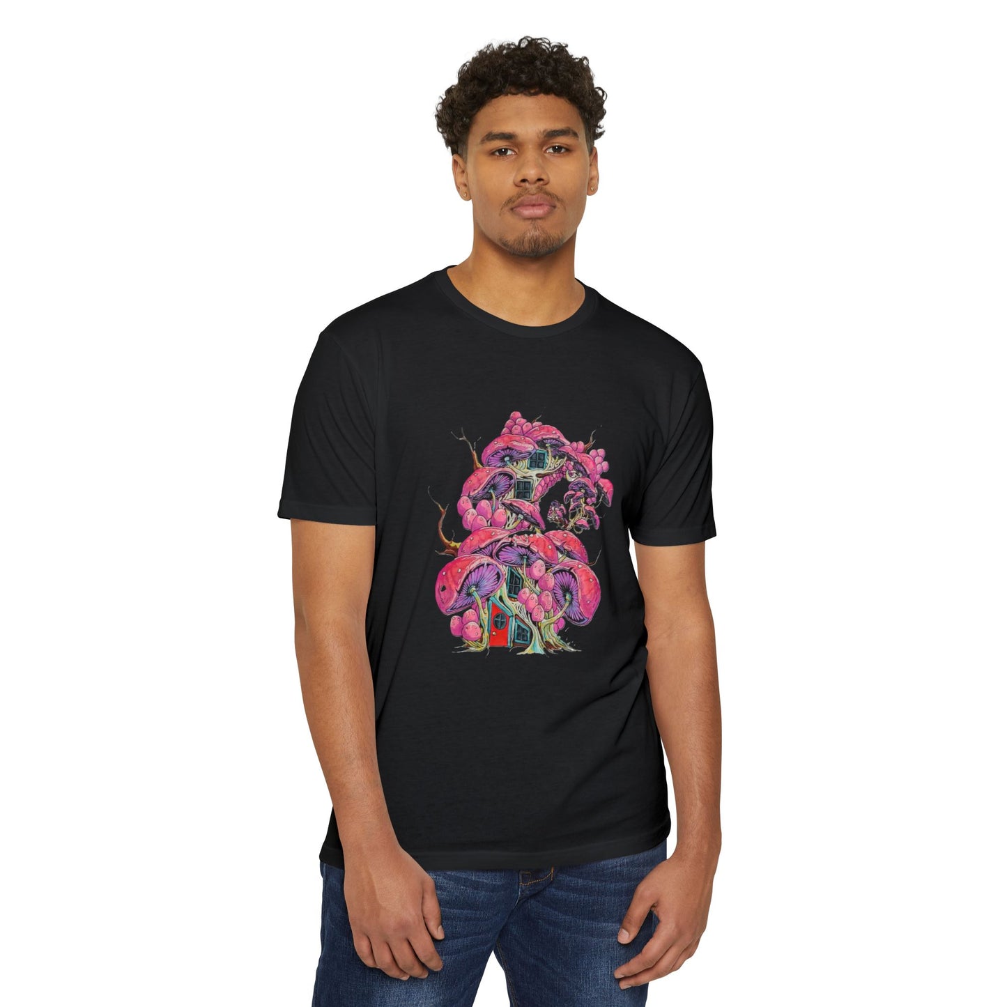 "Pink Mushroom House" artwork by Noto the Artist. Vibrant Artistic T-Shirt, Colorful Tee, Unisex Graphic Shirt, Casual Wear, Gift for Art Lovers, Stylish Everyday Top