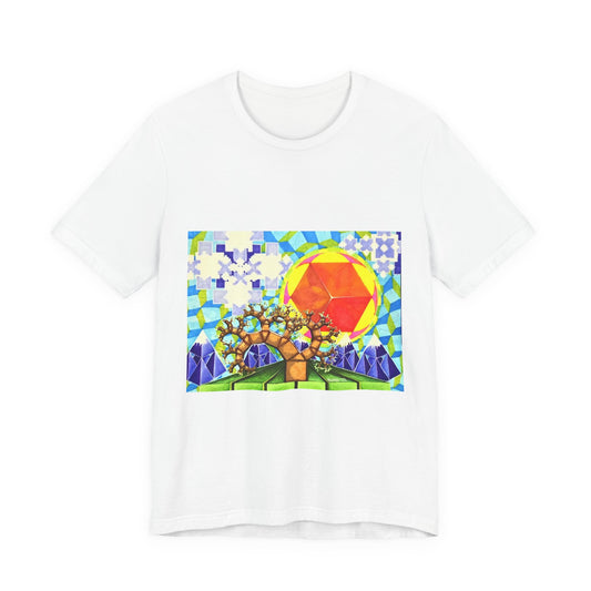 "Spring in the Valley of Sacred Geometry" Tshirt with artwork by Noto the Artist. Geometric Sun & Tree T-Shirt — Colorful Abstract Nature Tee