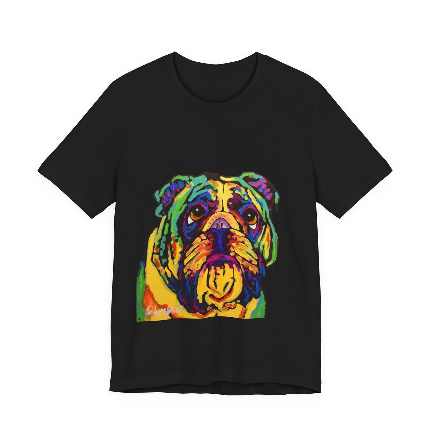"Bulldog" T-shirt featuring a painting of a bulldog by Noto the Artist. Colorful Bulldog Art Unisex Tee, Pet Lover Gift, Dog Shirt, Casual Wear, Animal Lover Tee, Fun Graphic T-Shirt