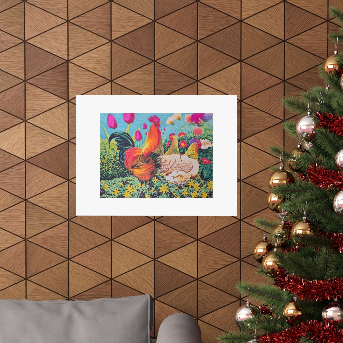 "Chicks love Flowers" illustrated by Frank Noto. Colorful Rooster & Hens Matte Poster — Farmhouse Floral Animal Wall Art