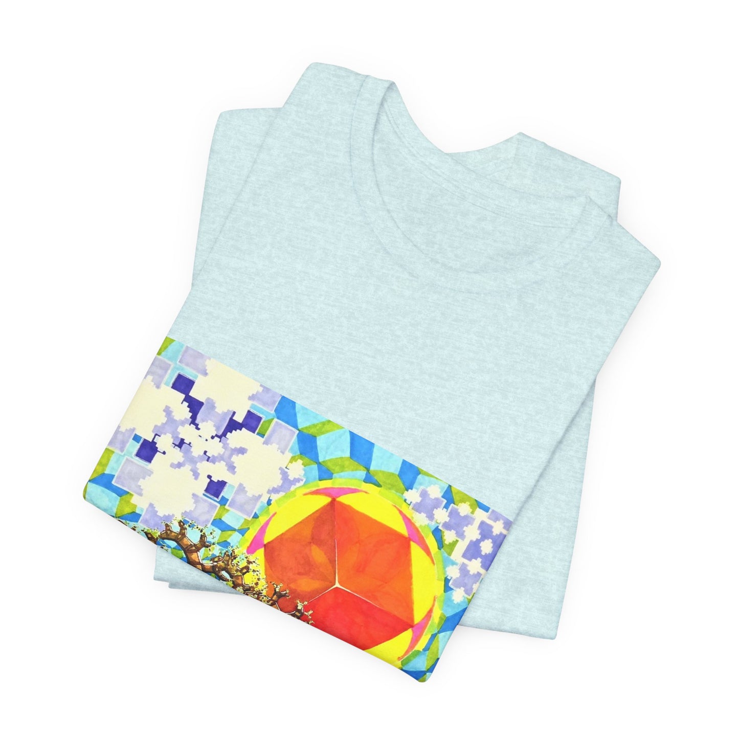 "Spring in the Valley of Sacred Geometry" Tshirt with artwork by Noto the Artist. Geometric Sun & Tree T-Shirt — Colorful Abstract Nature Tee