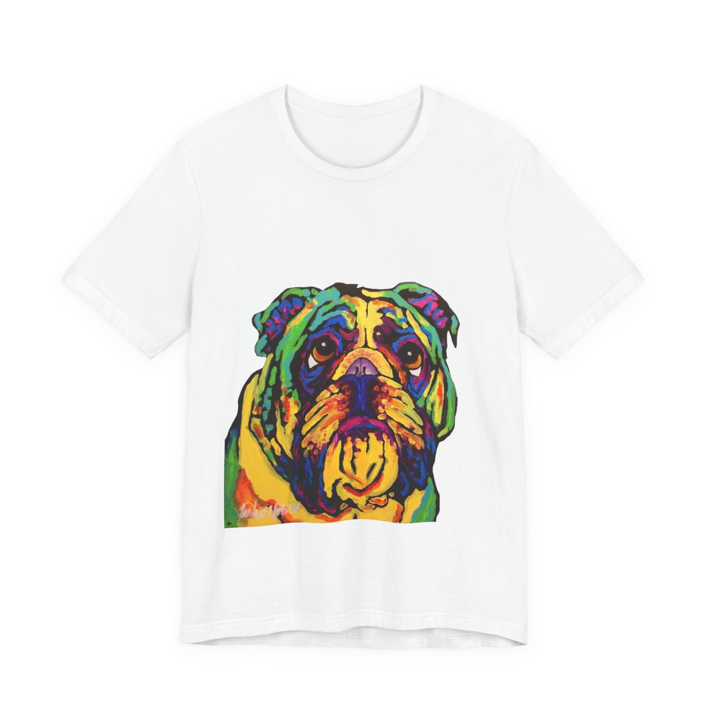 "Bulldog" T-shirt featuring a painting of a bulldog by Noto the Artist. Colorful Bulldog Art Unisex Tee, Pet Lover Gift, Dog Shirt, Casual Wear, Animal Lover Tee, Fun Graphic T-Shirt