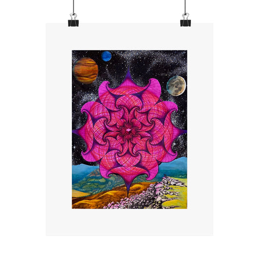 "Yes, I See It...What The Hell Is That...". artwork hand illustrated by Frank Noto.  Psychedelic Mandala Poster — Pink Cosmic Floral Matte Vertical Art Print