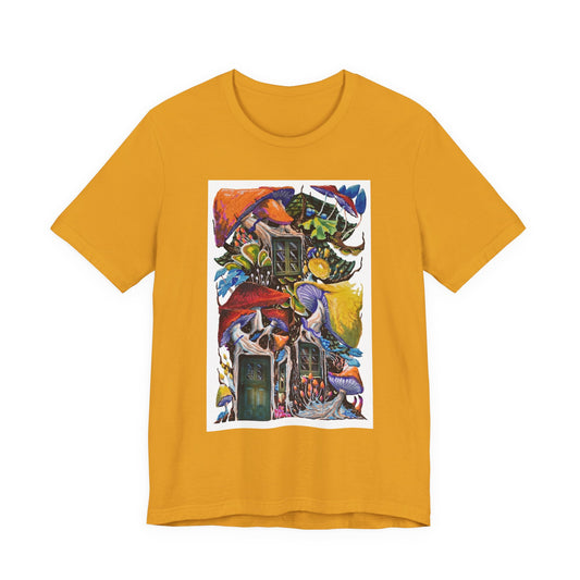 "Mushroom House with the Blue Green Door" tshirt by Noto the Artist. Surreal Cottage Collage T‑Shirt