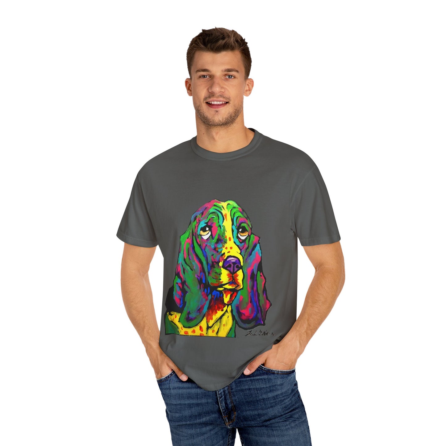 Colorful Dog Art T-Shirt, Unisex Garment-Dyed Tee, Pet Lover Gift, Fun Graphic Shirt, Artistic Apparel, Animal Art Apparel featuring "rainbow basset" painting by noto the artist