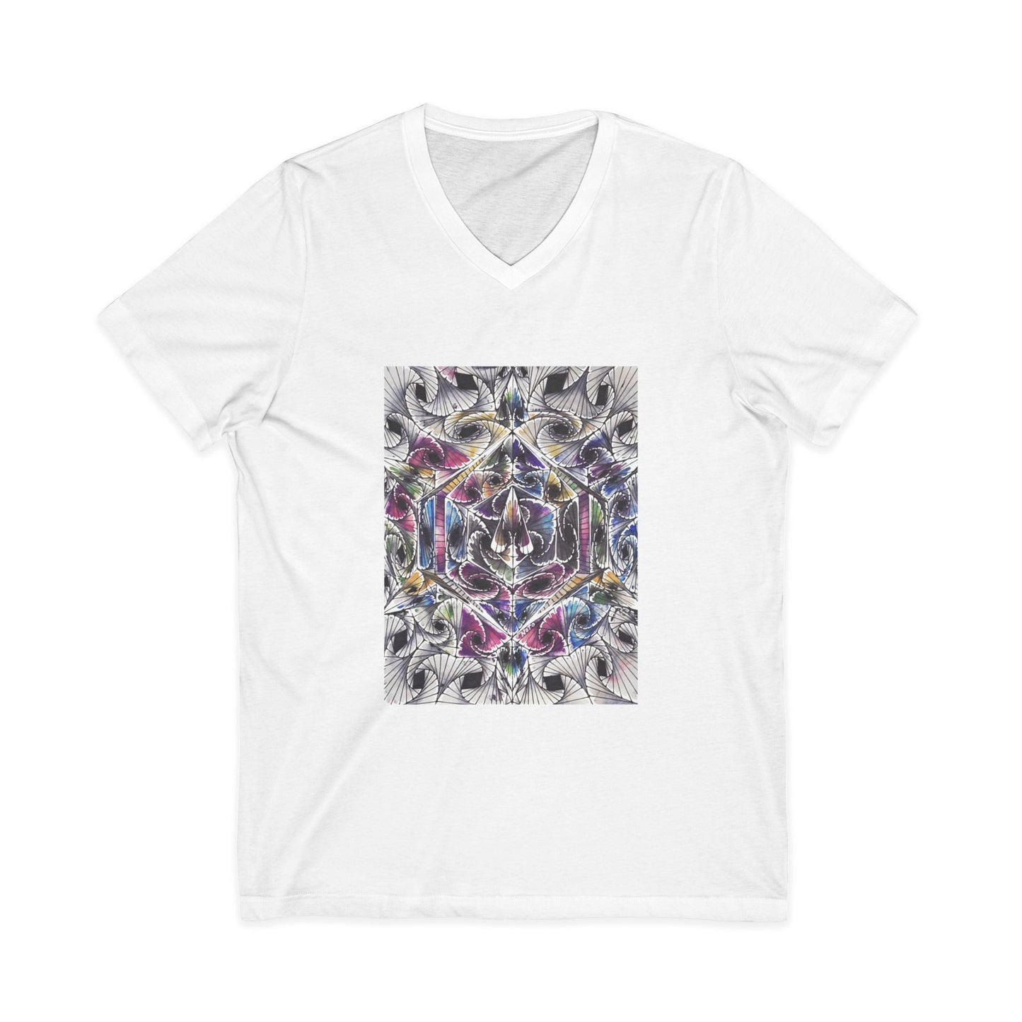 "Waves of Reality" tshirt with artwork by Noto the Artist. Vibrant Mandala V-Neck Tee - Unisex Graphic Shirt for Yoga, Meditation, Gift, Spiritual Awakening, Casual Wear