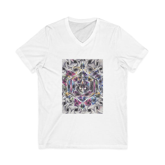"Waves of Reality" tshirt with artwork by Noto the Artist. Vibrant Mandala V-Neck Tee - Unisex Graphic Shirt for Yoga, Meditation, Gift, Spiritual Awakening, Casual Wear