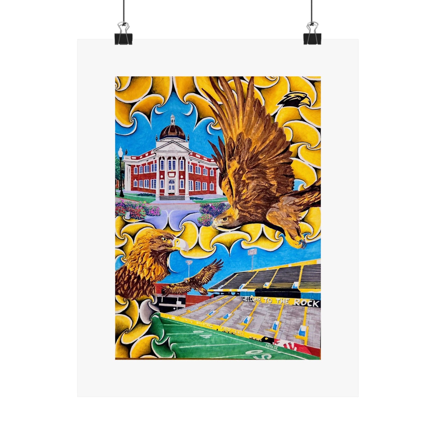 "Black!...Gold!..." Artwork by Frank Noto Eagle Stadium Matte Vertical Poster — Collegiate Campus Art Print