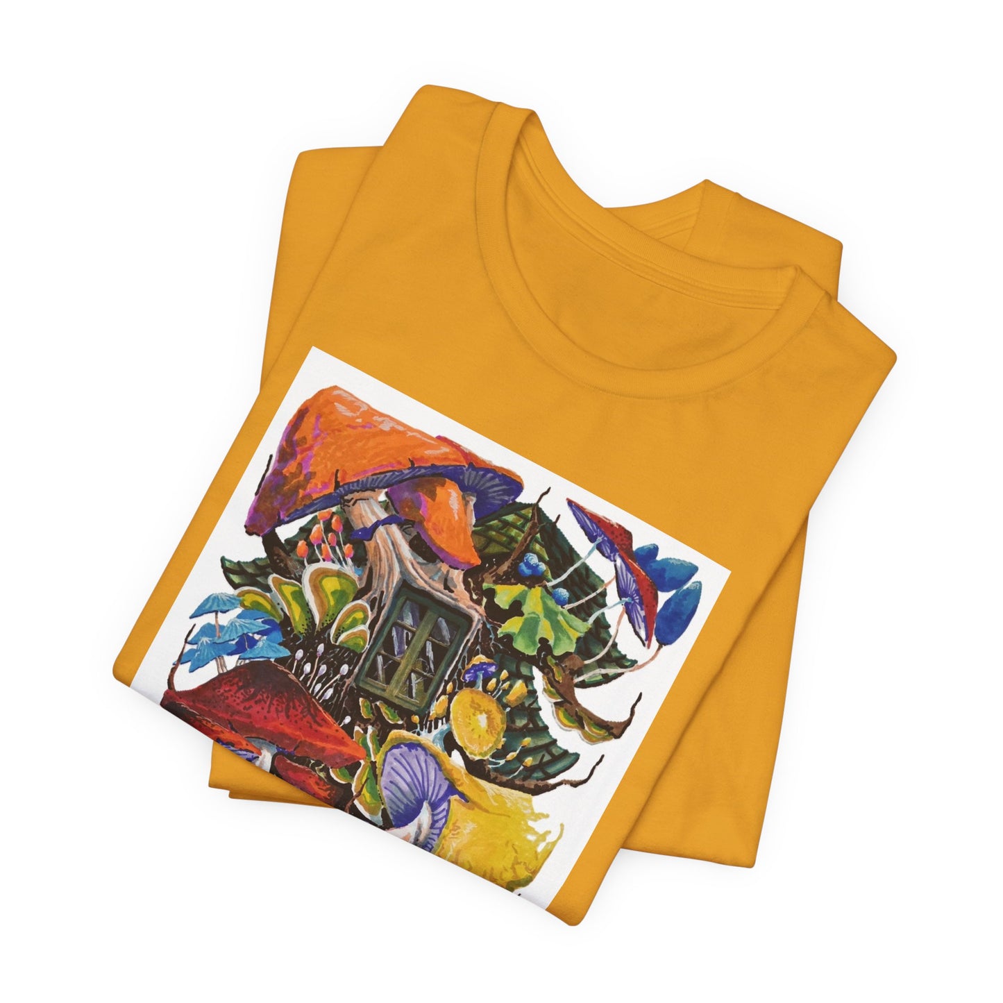"Mushroom House with the Blue Green Door" tshirt by Noto the Artist. Surreal Cottage Collage T‑Shirt