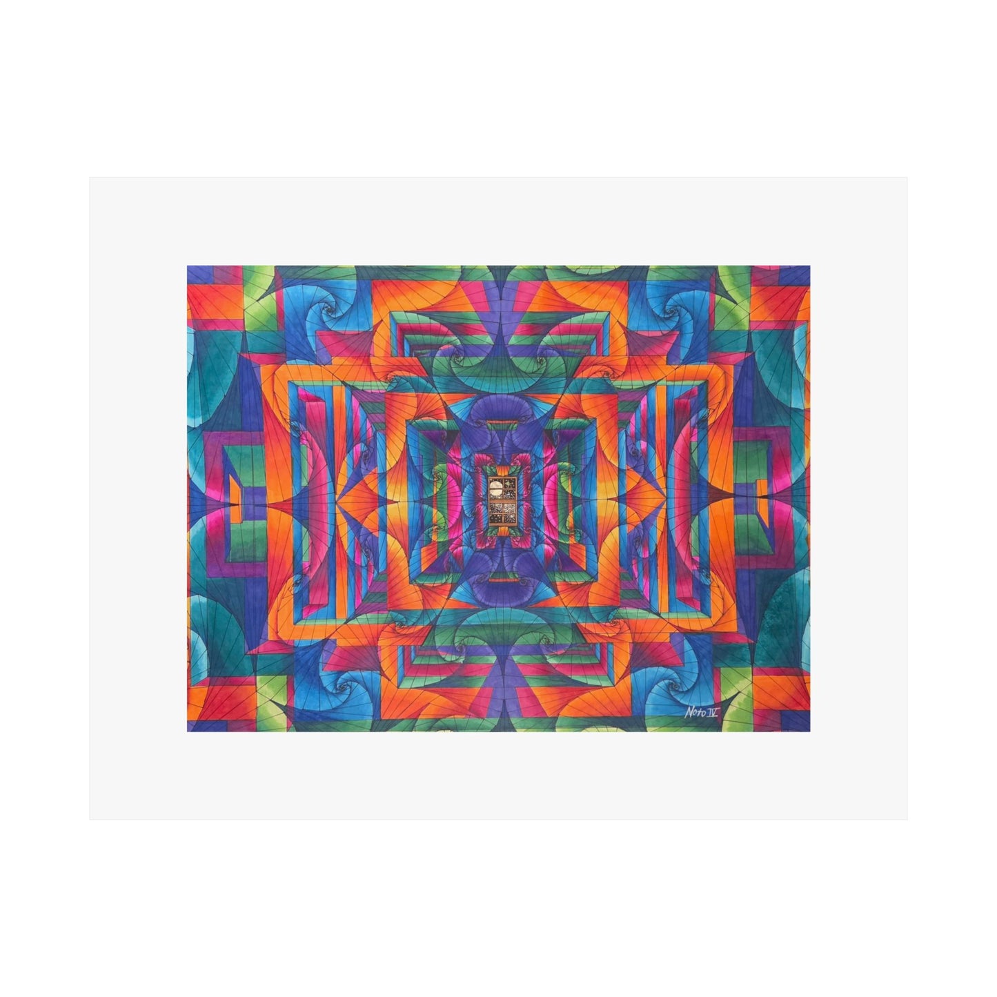 "I can see the Moon through my window" hand illustrated artwork print. Abstract Geometric Kaleidoscope Poster — Vibrant Symmetry Matte Horizontal Print