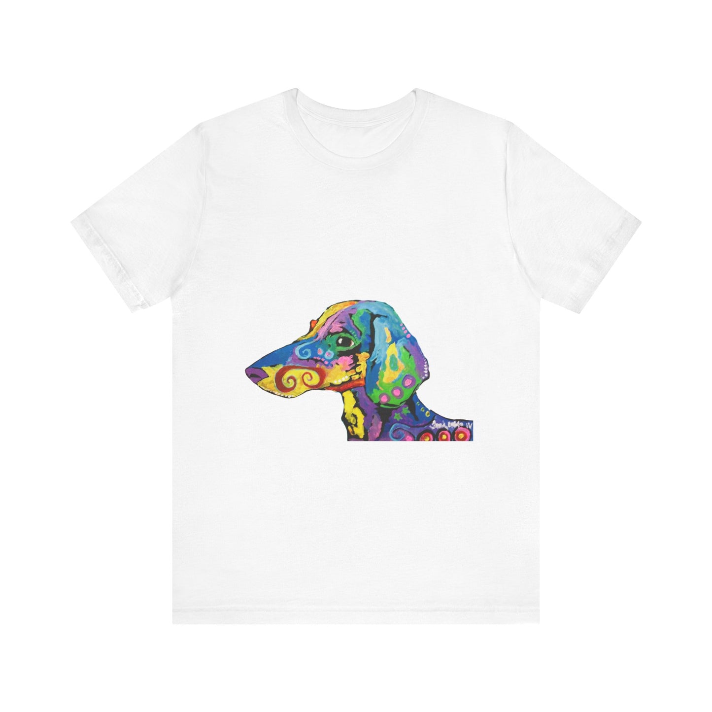 "Rainbow Dachsund" featuring artwork by Noto the Artist. Colorful Dog Art Tee, Unisex T-Shirt, Pet Lover Gift, Artistic Dog Shirt, Fun Graphic Tee, Casual Wear, Dog Mom Apparel