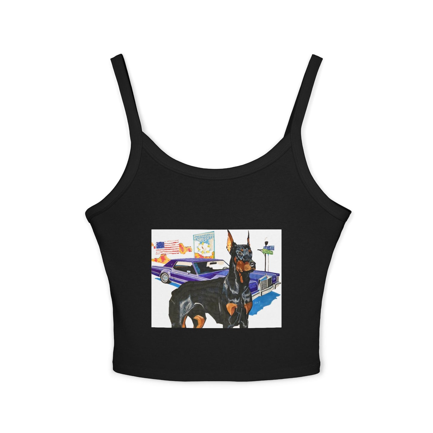 Doberman & Classic Car Crop Tank Top — Vintage Street Art Dog Graphic