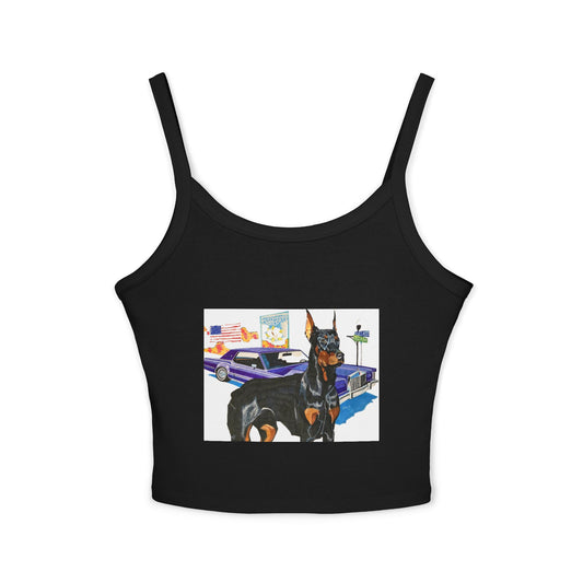 Doberman & Classic Car Crop Tank Top — Vintage Street Art Dog Graphic