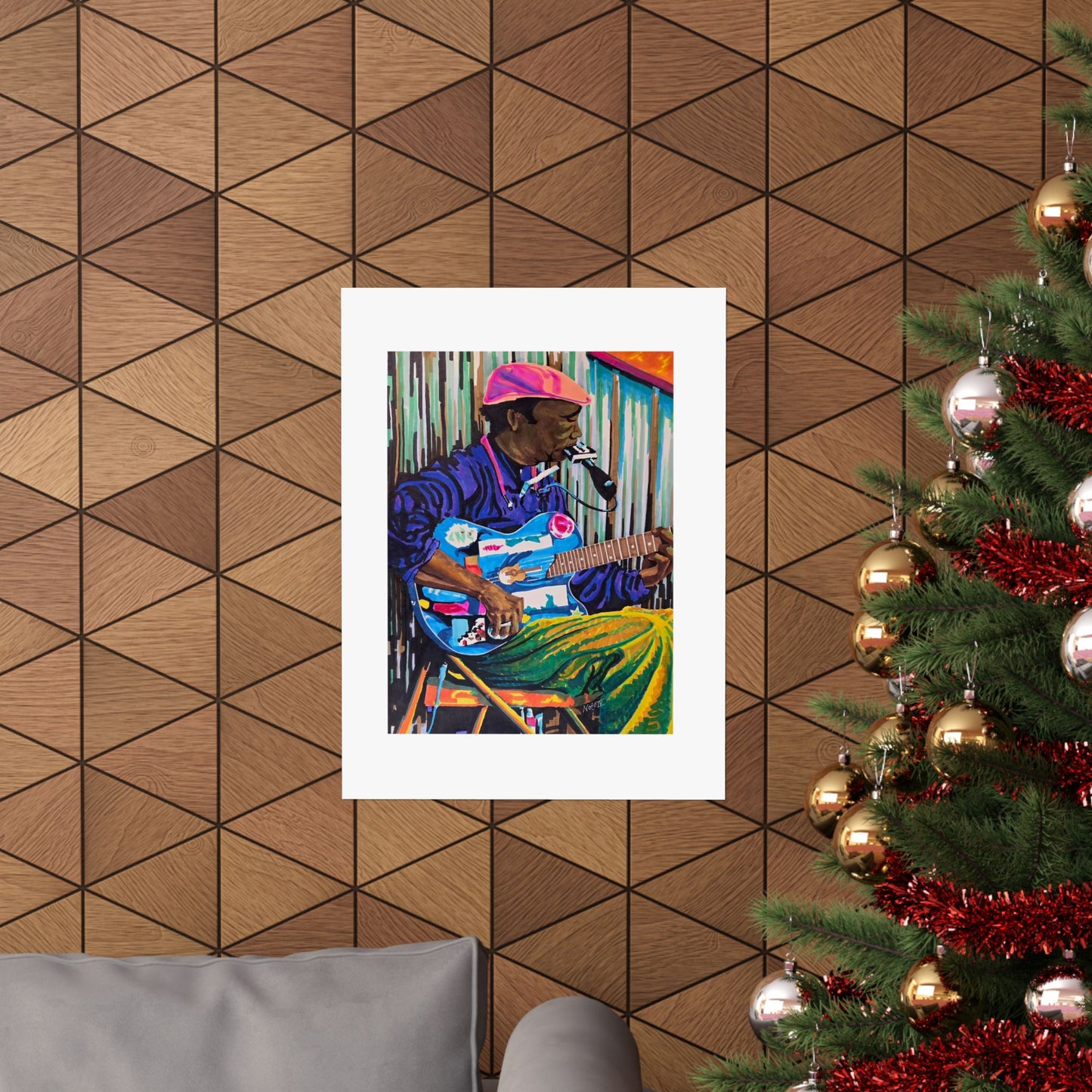 "Terry Harmonica Bean" print by Frank Noto. Blues Guitarist Matte Poster — Colorful Musician Wall Art