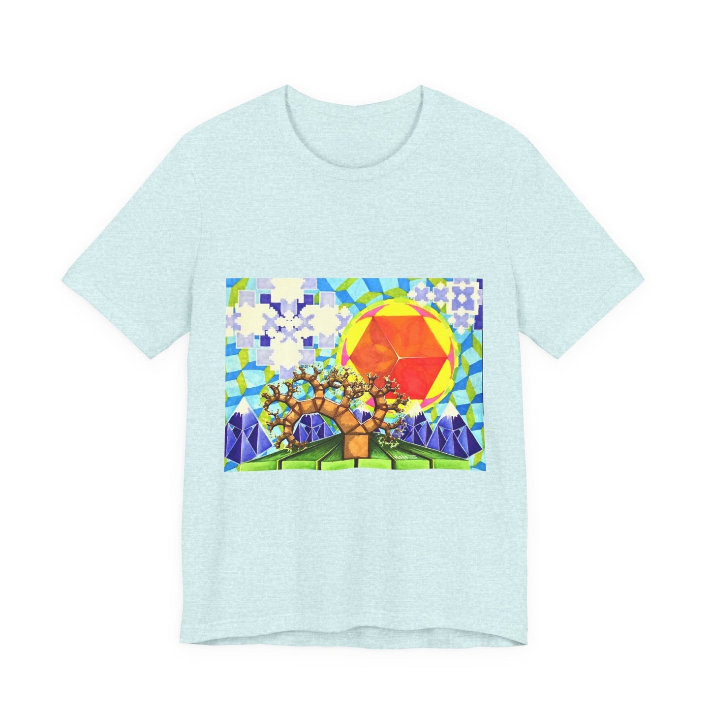 "Spring in the Valley of Sacred Geometry" Tshirt with artwork by Noto the Artist. Geometric Sun & Tree T-Shirt — Colorful Abstract Nature Tee