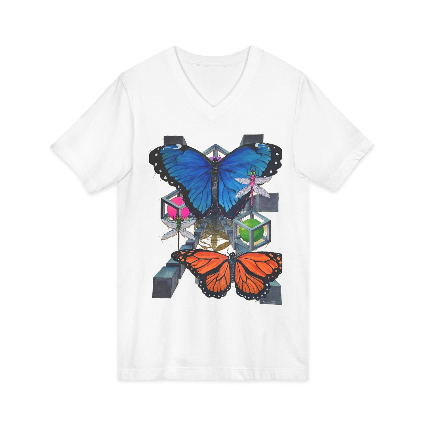 "Echoes of Butterfly Wings" tshirt featuring artwork by Frank Noto. Butterfly Geometric V-Neck Tee — Blue & Orange Monarch Art