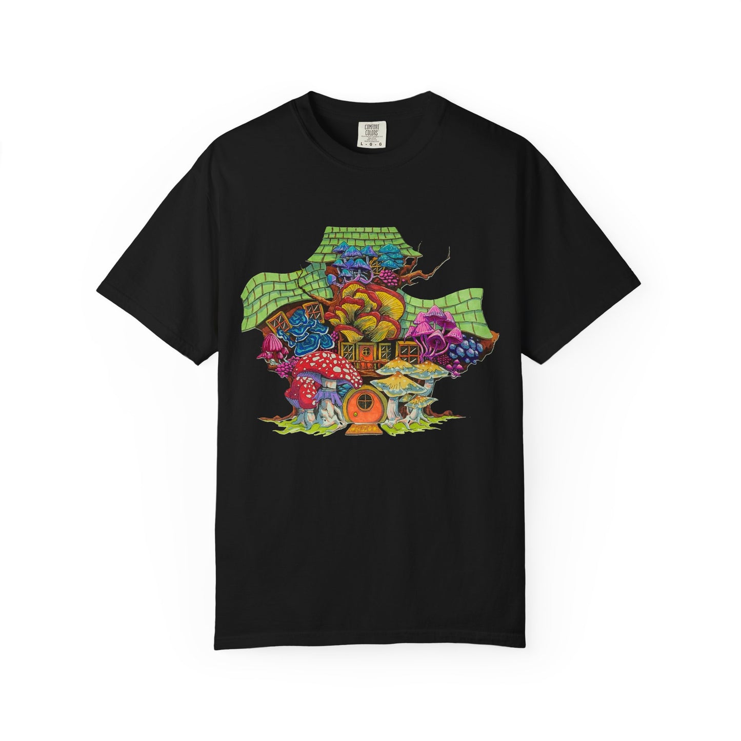 "Rainbow Mushroom House" T-shirt with artwork by Frank Noto