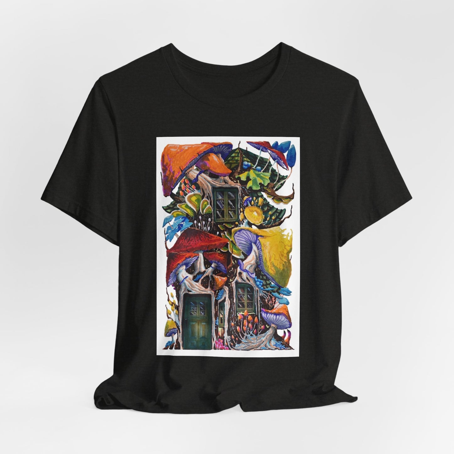 "Mushroom House with the Blue Green Door" tshirt by Noto the Artist. Surreal Cottage Collage T‑Shirt