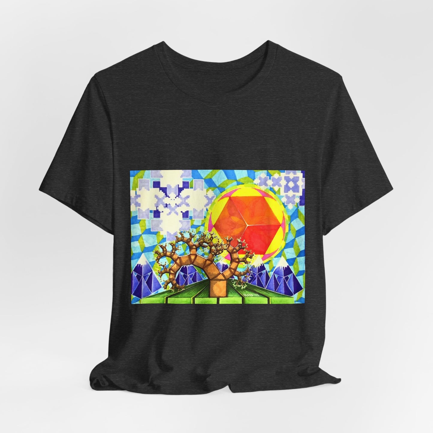 "Spring in the Valley of Sacred Geometry" Tshirt with artwork by Noto the Artist. Geometric Sun & Tree T-Shirt — Colorful Abstract Nature Tee