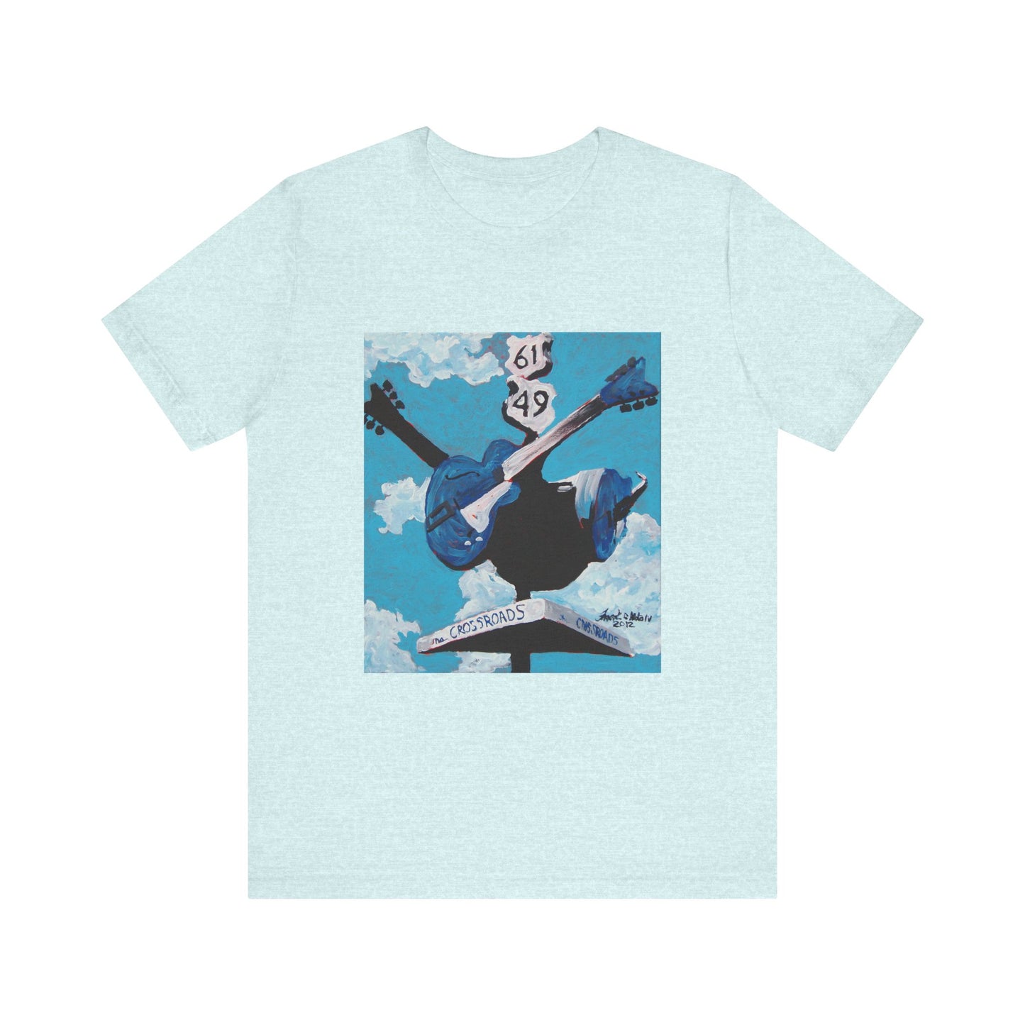 "Crossroads" tshirt featuring a painting by Noto the Artist. Sky Blue Guitar Graphic Tee, Music Lover Gift, Artsy Casual Wear, Concert T-shirt, Festival Outfit