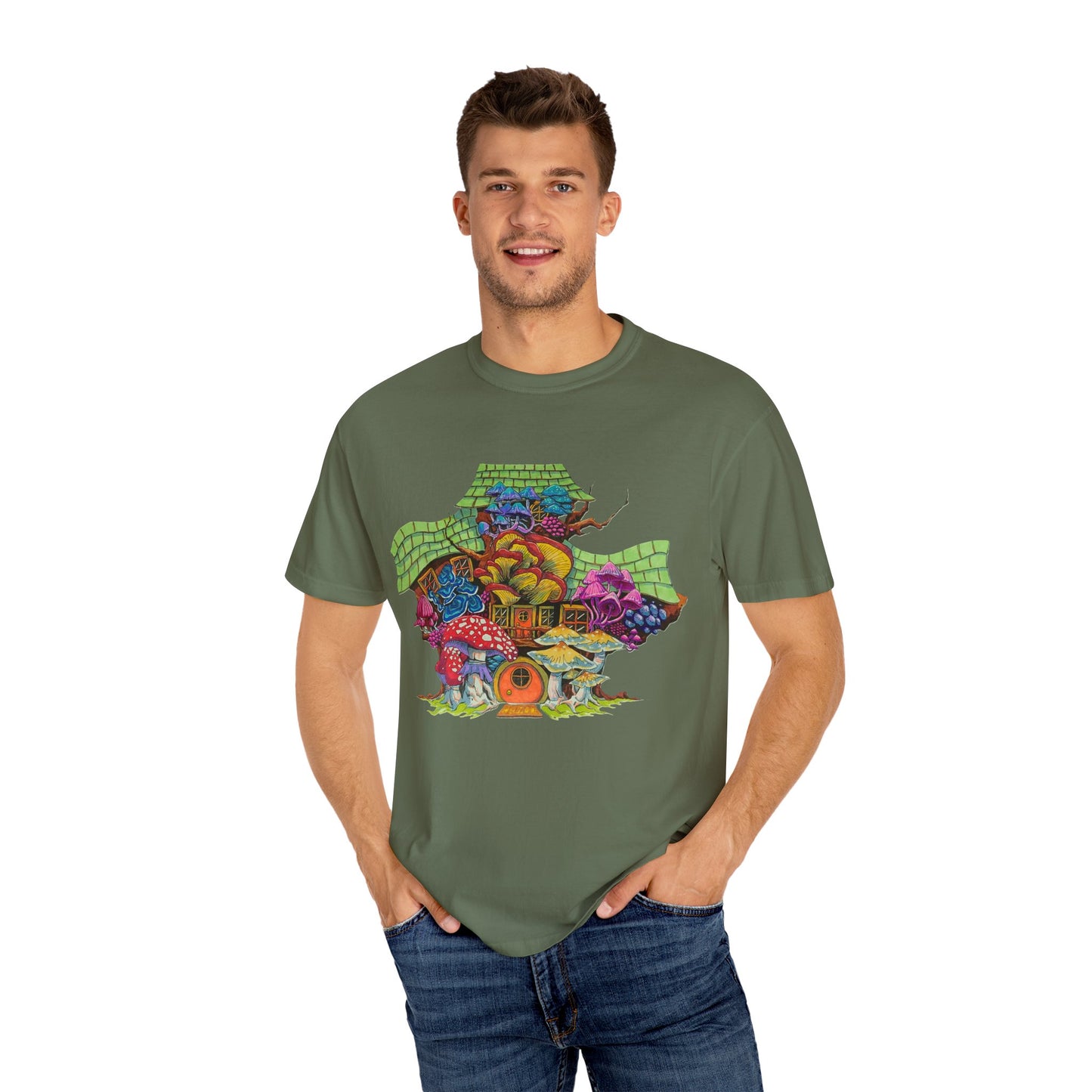 "Rainbow Mushroom House" T-shirt with artwork by Frank Noto