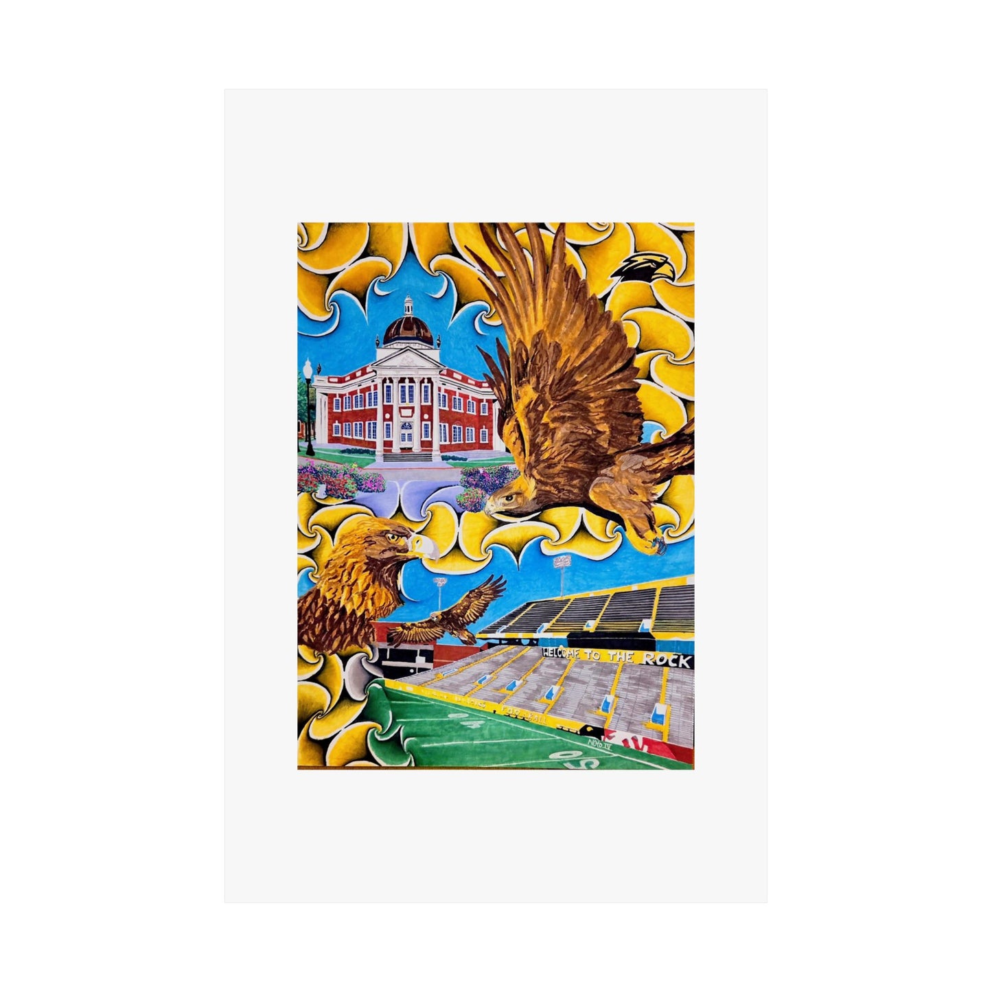 "Black!...Gold!..." Artwork by Frank Noto Eagle Stadium Matte Vertical Poster — Collegiate Campus Art Print