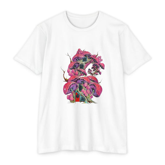 "Pink Mushroom House" artwork by Noto the Artist. Vibrant Artistic T-Shirt, Colorful Tee, Unisex Graphic Shirt, Casual Wear, Gift for Art Lovers, Stylish Everyday Top