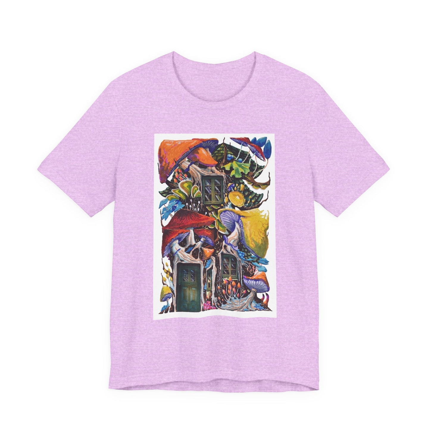 "Mushroom House with the Blue Green Door" tshirt by Noto the Artist. Surreal Cottage Collage T‑Shirt