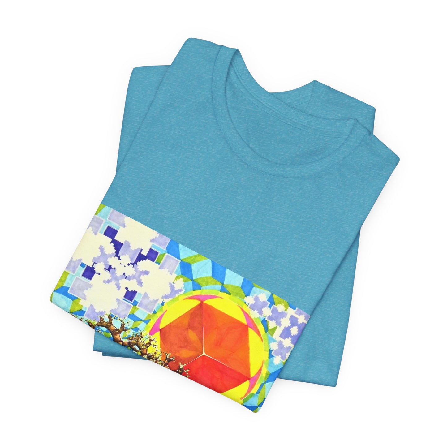 "Spring in the Valley of Sacred Geometry" Tshirt with artwork by Noto the Artist. Geometric Sun & Tree T-Shirt — Colorful Abstract Nature Tee