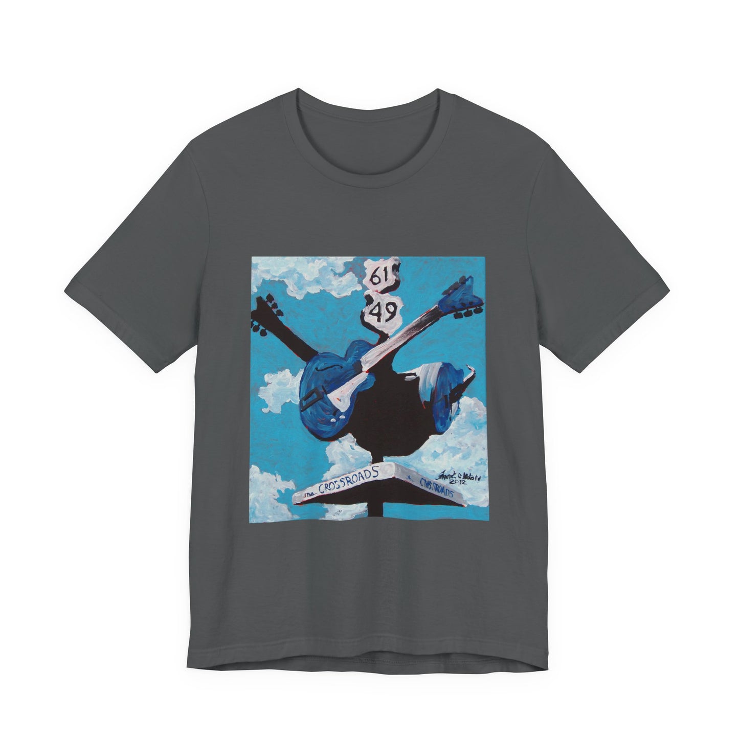 "Crossroads" tshirt featuring a painting by Noto the Artist. Sky Blue Guitar Graphic Tee, Music Lover Gift, Artsy Casual Wear, Concert T-shirt, Festival Outfit
