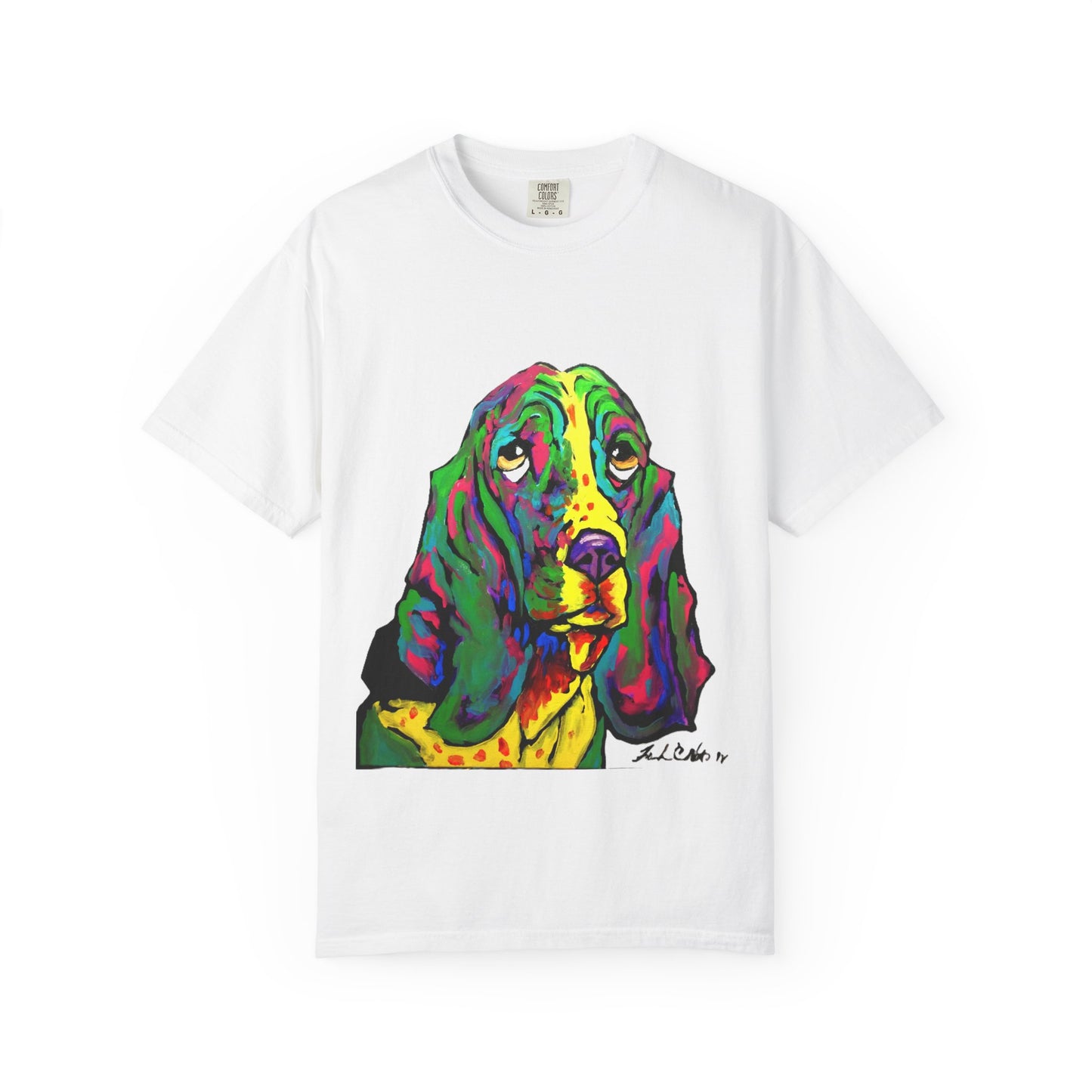 Colorful Dog Art T-Shirt, Unisex Garment-Dyed Tee, Pet Lover Gift, Fun Graphic Shirt, Artistic Apparel, Animal Art Apparel featuring "rainbow basset" painting by noto the artist