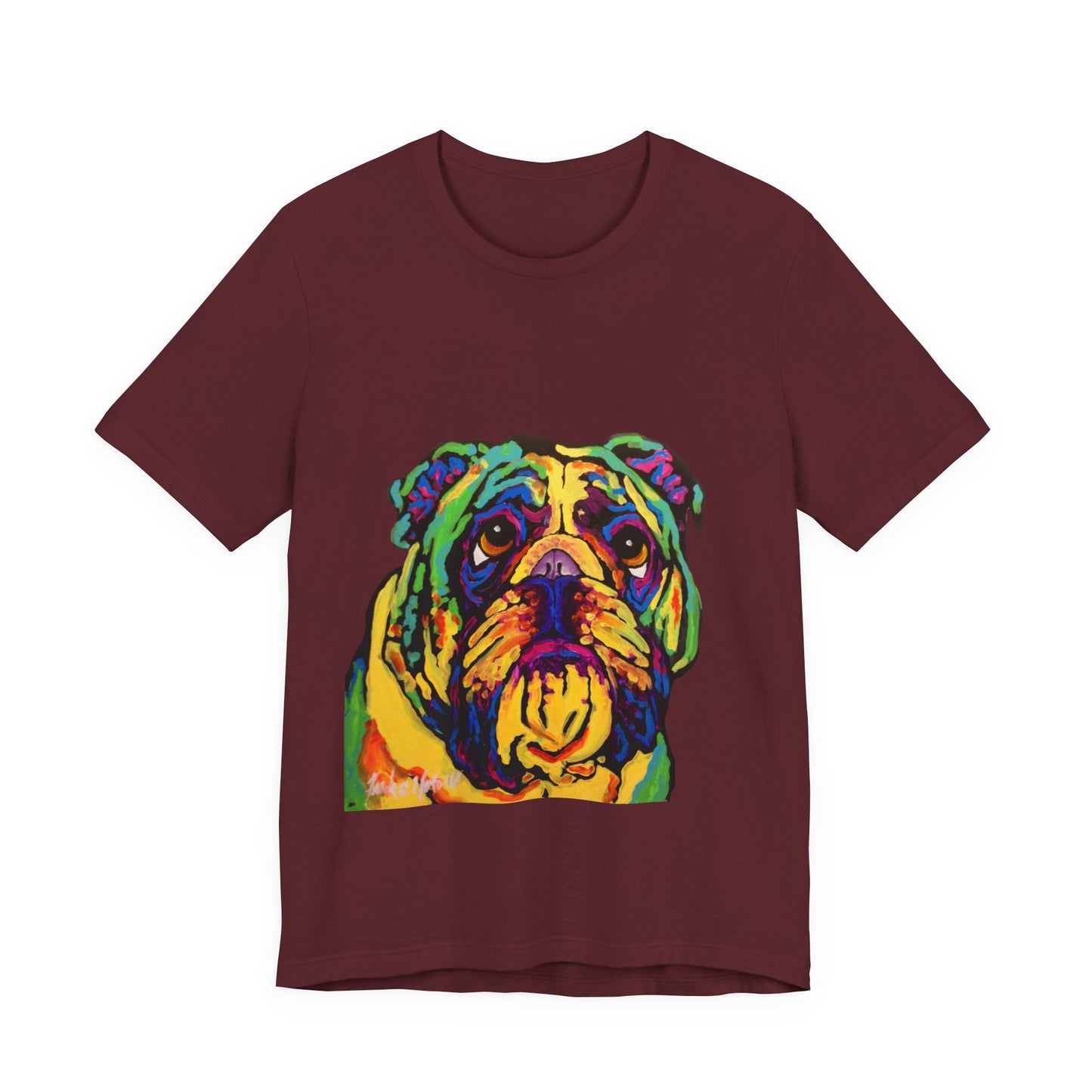 "Bulldog" T-shirt featuring a painting of a bulldog by Noto the Artist. Colorful Bulldog Art Unisex Tee, Pet Lover Gift, Dog Shirt, Casual Wear, Animal Lover Tee, Fun Graphic T-Shirt