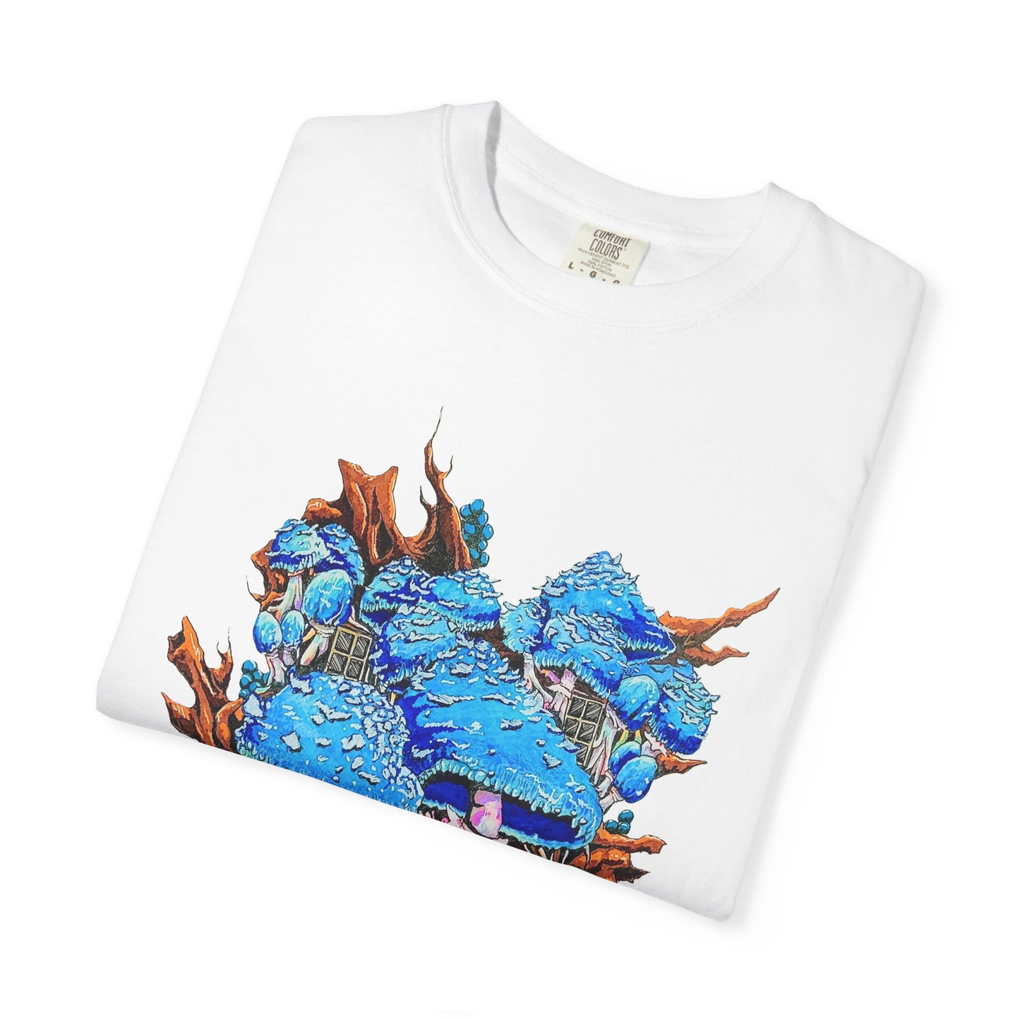 "Blue Mushroom House" T-shirt featuring artwork by Frank Noto