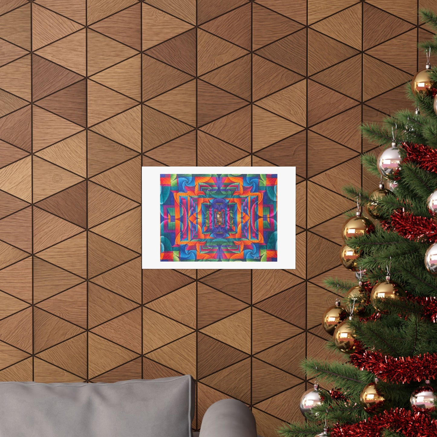 "I can see the Moon through my window" hand illustrated artwork print. Abstract Geometric Kaleidoscope Poster — Vibrant Symmetry Matte Horizontal Print