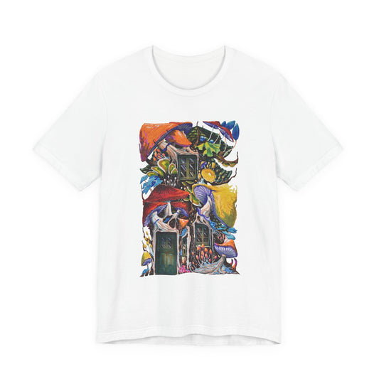 "Mushroom House with the Blue Green Door" tshirt by Noto the Artist. Surreal Cottage Collage T‑Shirt