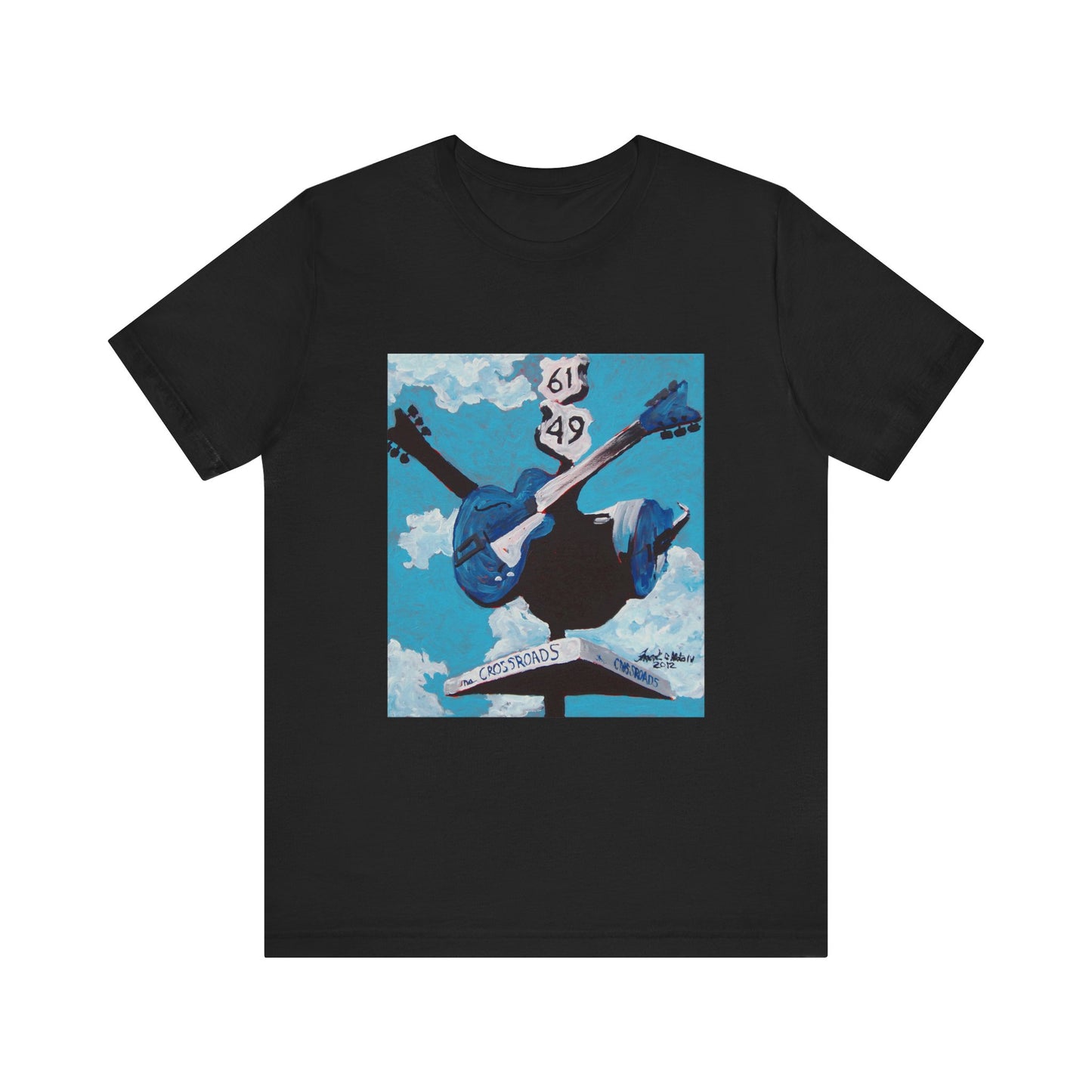 "Crossroads" tshirt featuring a painting by Noto the Artist. Sky Blue Guitar Graphic Tee, Music Lover Gift, Artsy Casual Wear, Concert T-shirt, Festival Outfit