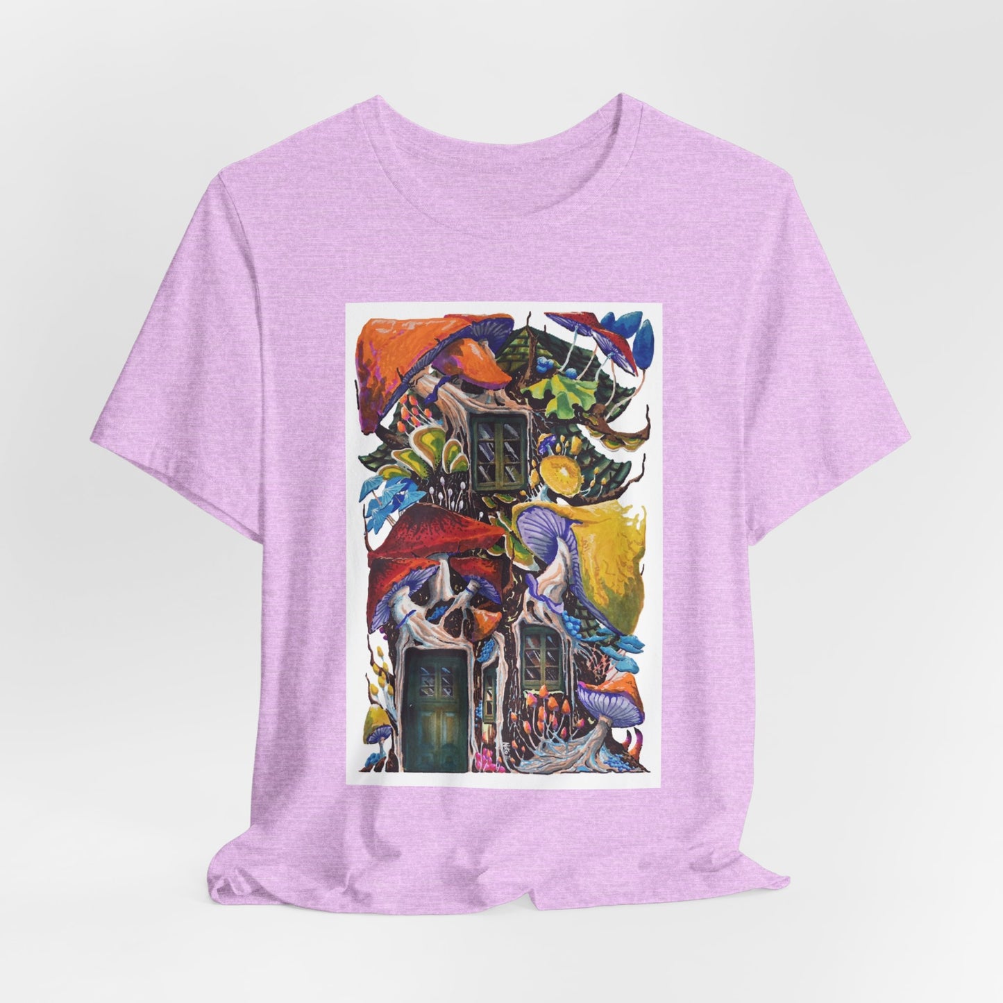 "Mushroom House with the Blue Green Door" tshirt by Noto the Artist. Surreal Cottage Collage T‑Shirt