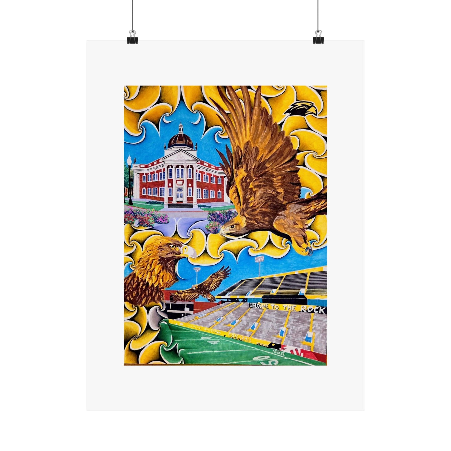 "Black!...Gold!..." Artwork by Frank Noto Eagle Stadium Matte Vertical Poster — Collegiate Campus Art Print